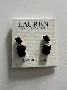 Lauren Ralph Lauren Black and Gold Faceted Double-Drop Clip-On Earrings